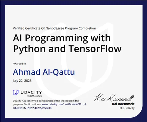 برمجة الذكاء الاصطناعي باستخدام Python و TensorFlow certificate